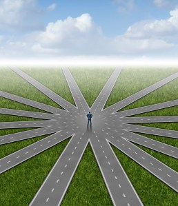 Direction choices and career decisions with a businessman standing in the center of a group of radial roads going in different paths as a business metaphor for government bureaucracy guidance and deciding on the best way towards success.